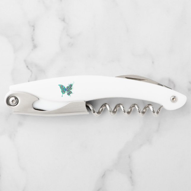 Butterfly with Green Peacock Feathers Waiter's Corkscrew (Front)