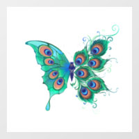 Butterfly with Green Peacock Feathers