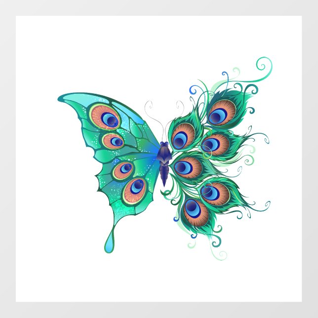 Butterfly with Green Peacock Feathers Wall Decal (Front)