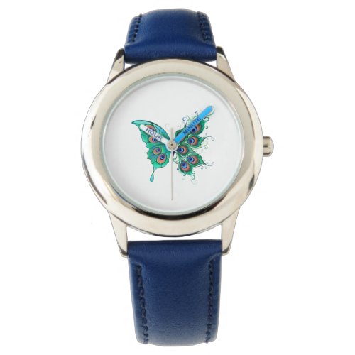 Butterfly with Green Peacock Feathers Watch