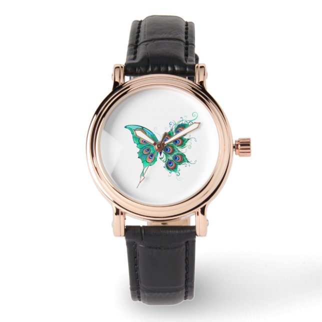 Butterfly with Green Peacock Feathers Watch (Front)