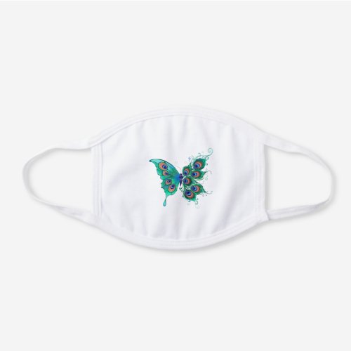 Butterfly with Green Peacock Feathers White Cotton Face Mask