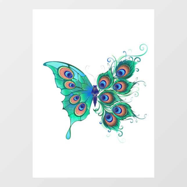 Butterfly with Green Peacock Feathers Window Cling (Sheet)