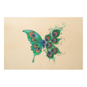 Butterfly with Green Peacock Feathers Wood Wall Art