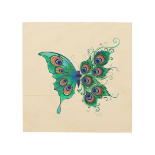 Butterfly with Green Peacock Feathers Wood Wall Art