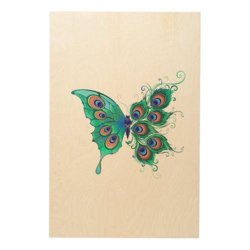 Butterfly with Green Peacock Feathers Wood Wall Art