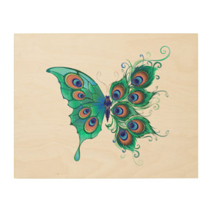Butterfly with Green Peacock Feathers Wood Wall Art