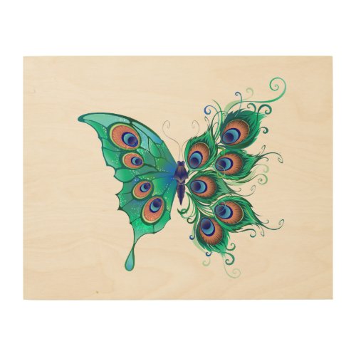 Butterfly with Green Peacock Feathers Wood Wall Art