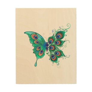 Butterfly with Green Peacock Feathers Wood Wall Art