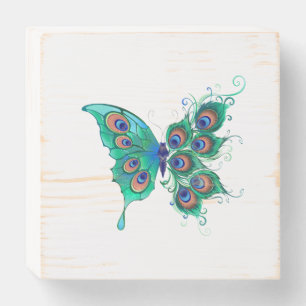 Butterfly with Green Peacock Feathers Wooden Box Sign