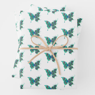 Butterfly with Green Peacock Feathers Wrapping Paper Sheets