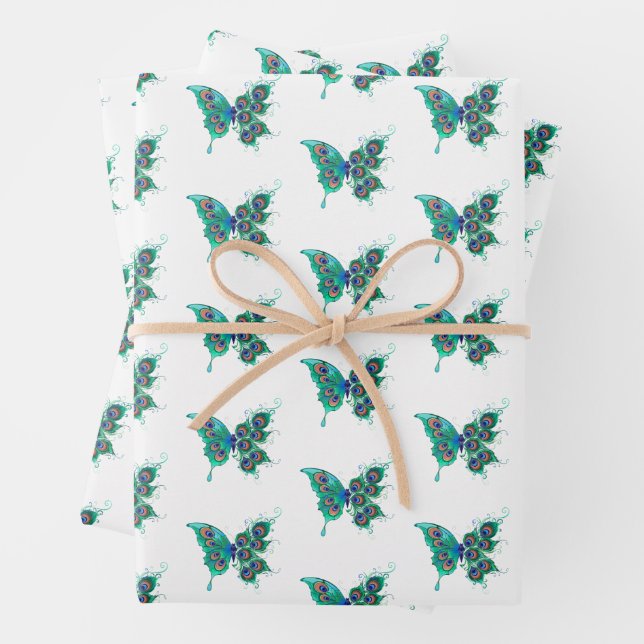 Butterfly with Green Peacock Feathers Wrapping Paper Sheets (In situ)