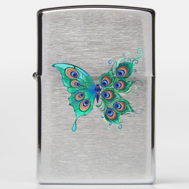 Butterfly with Green Peacock Feathers Zippo Lighter (Front)