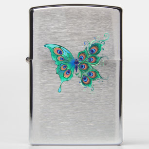 Butterfly with Green Peacock Feathers Zippo Lighter