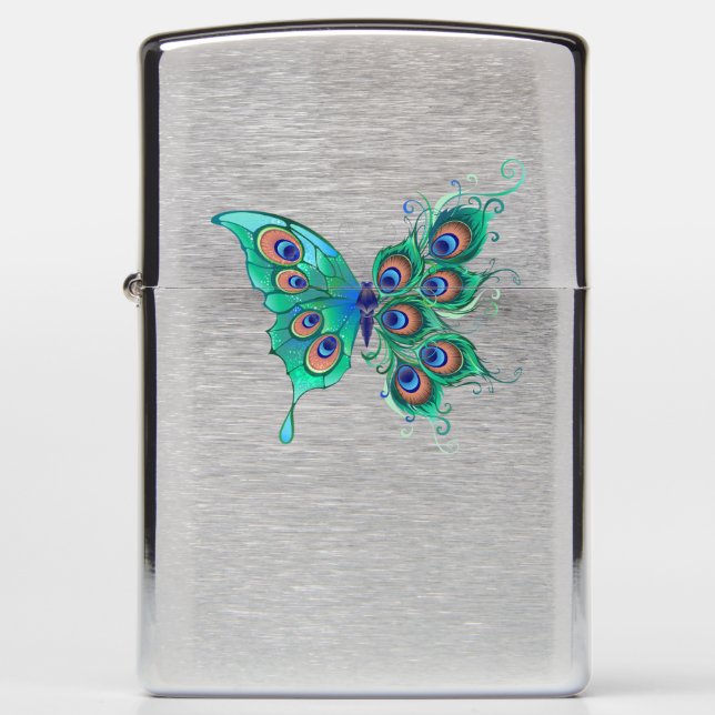 Butterfly with Green Peacock Feathers Zippo Lighter (Front)