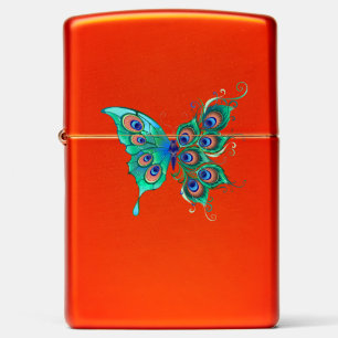 Butterfly with Green Peacock Feathers Zippo Lighter
