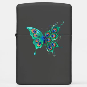 Butterfly with Green Peacock Feathers Zippo Lighter