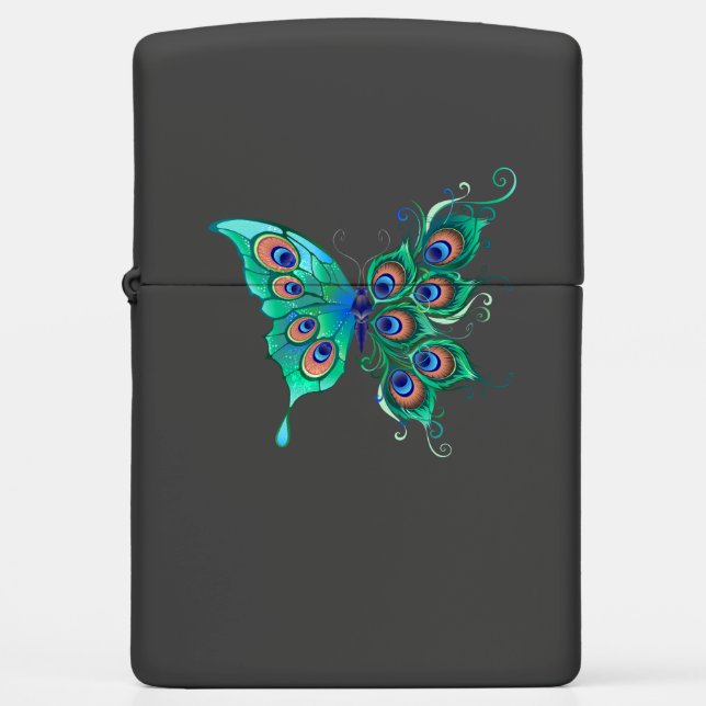 Butterfly with Green Peacock Feathers Zippo Lighter (Front)