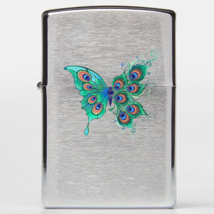 Butterfly with Green Peacock Feathers Zippo Lighter