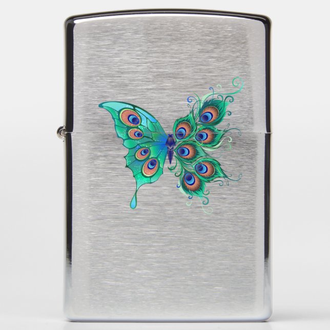 Butterfly with Green Peacock Feathers Zippo Lighter (Front)