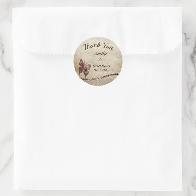 Butterfly with Lace & Antique Wedding Thank You Classic Round Sticker (Bag)