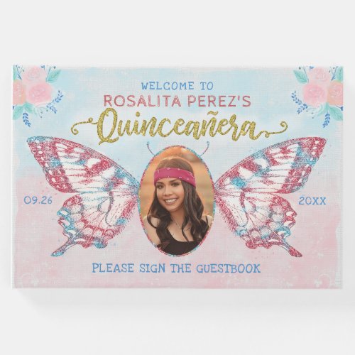 Butterfly with Photo Quinceanera Sweet 15 Birthday Guest Book