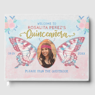 Butterfly with Photo Quinceanera Sweet 15 Birthday Guest Book