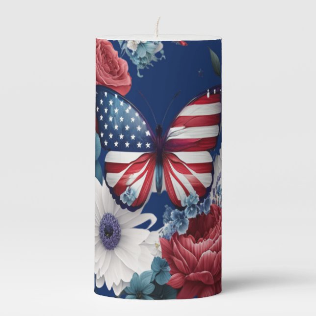 Butterfly with Stars Stripes and Flowers Pillar Candle (Front)