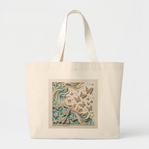 BUTTERFLY WITH WAVES IN GODEN_BLUE LARGE TOTE BAG