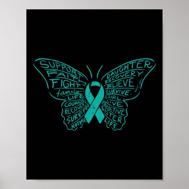 Butterfly Words Teal Ribbon Support Ovarian Cancer Poster (Front)