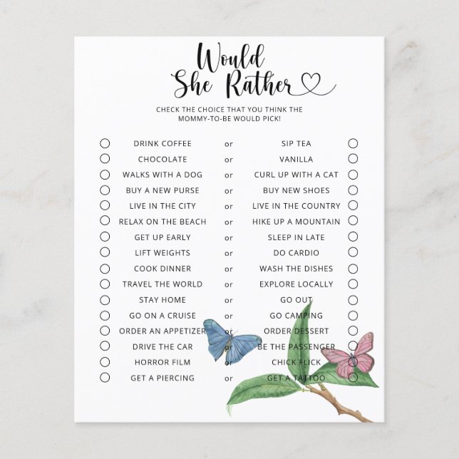 Butterfly / Would She Rather Baby Shower Game (Front)
