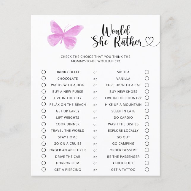Butterfly / Would She Rather Baby Shower Game (Front)