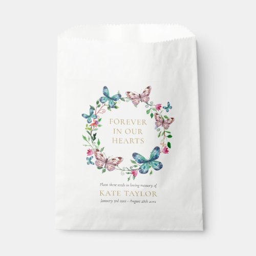 Butterfly Wreath Funeral Memorial Seed Packet Favor Bag - An elegant butterfly floral wreath, personalized celebration of life remembrance seed packet for your guests to plant seeds in honor of your loved one. Place a seed packet of your favorite flowers inside the bag, purchased from a store of your choice (bags are empty, seeds need to be purchased separately). Designed by Thisisnotme©
