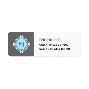 Butterfly Wreath Monogram White Ice Blue Gray Label