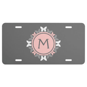 Butterfly Wreath Monogram White Rose Pink Gray License Plate