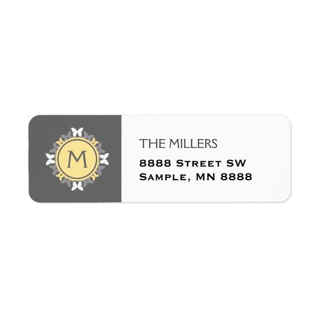 Butterfly Wreath Monogram White Yellow Gray Label (Front)