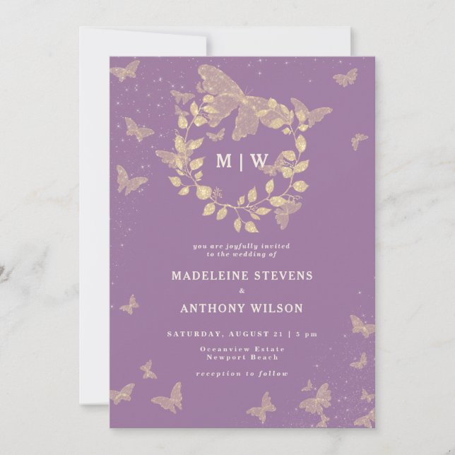 Butterfly Wreath Purple Gold Monograms Wedding Invitation (Front)
