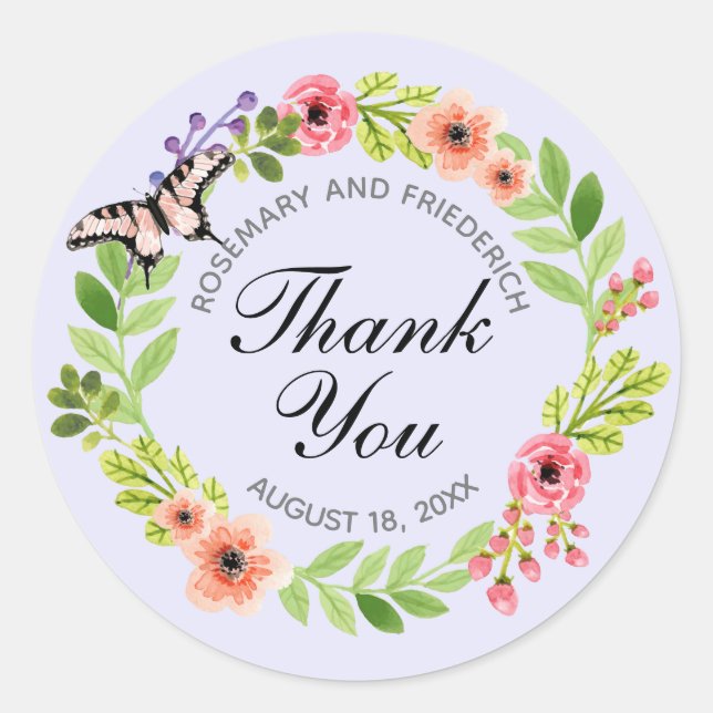 Butterfly Wreath Wedding Thank You Lavender Classic Round Sticker (Front)