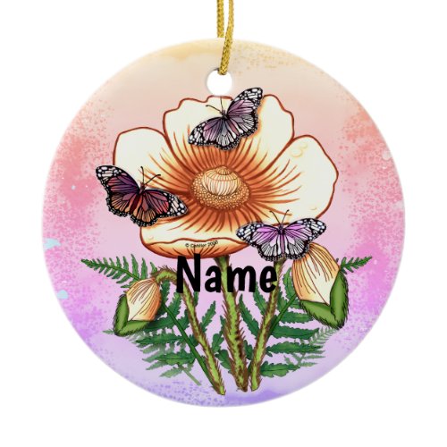 Butterfly Yellow Poppy  Ceramic Ornament