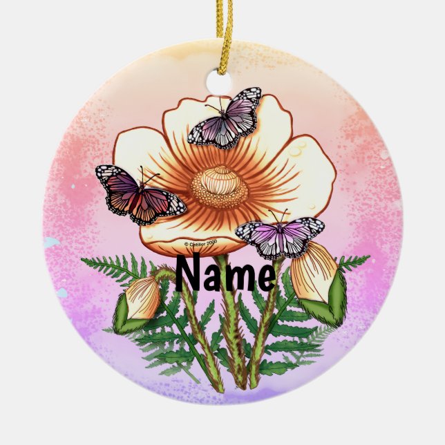 Butterfly Yellow Poppy  Ceramic Ornament (Front)