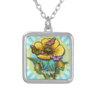 Butterfly yellow Poppy Silver Plated Necklace
