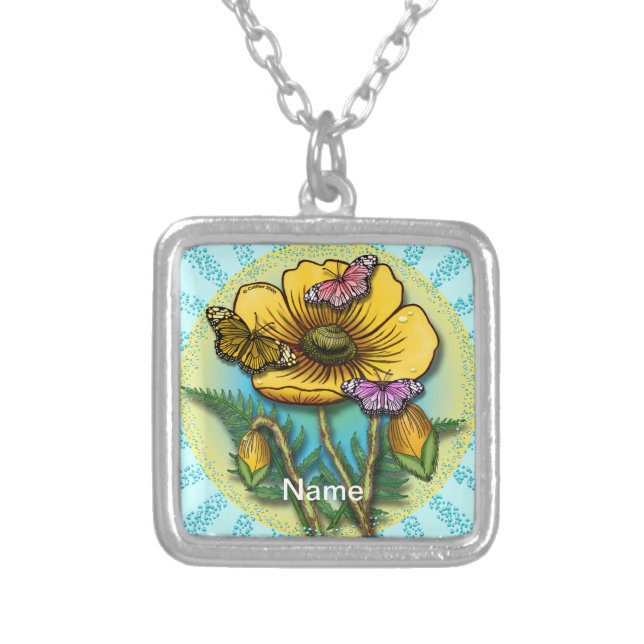 Butterfly yellow Poppy  Silver Plated Necklace (Front)