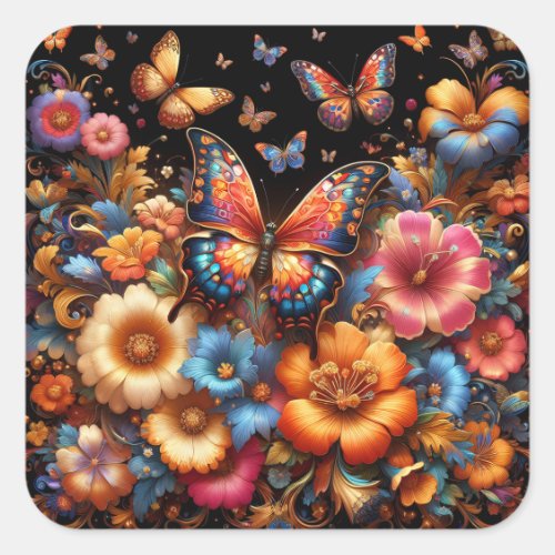 Butterflys and flowers pattern square sticker