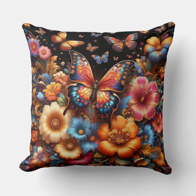 Butterflys and flowers pattern throw pillow (Front)