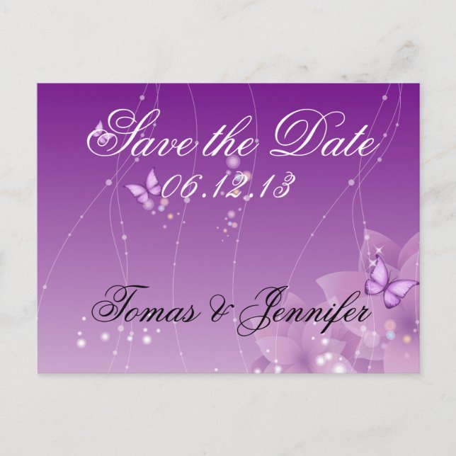Butterfly's and Purple Flowers Announcement Postcard (Front)