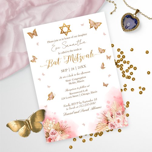 Butterflys Floral Gold Foil Bat Mitzvah Invitation