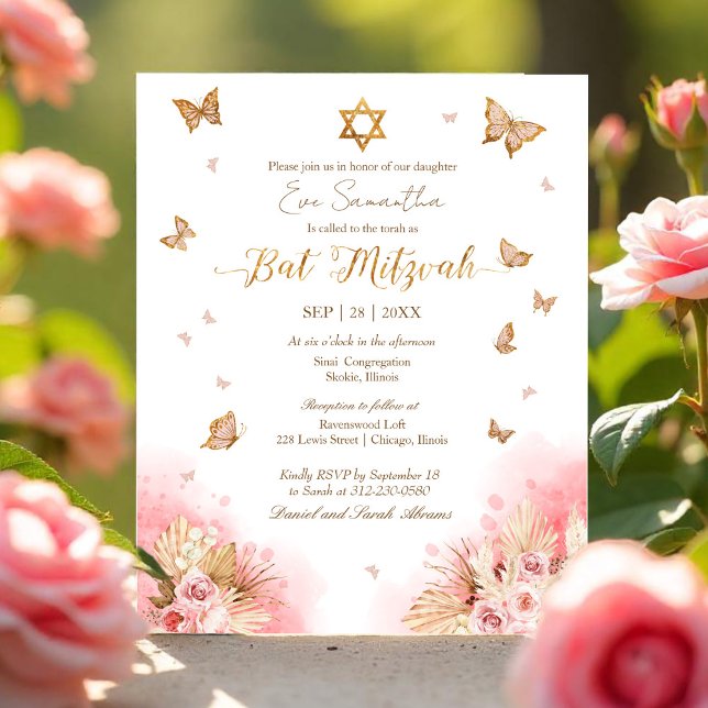 Butterflys Gold Foil Bat Mitzvah Budget Invitation (Creator Uploaded)
