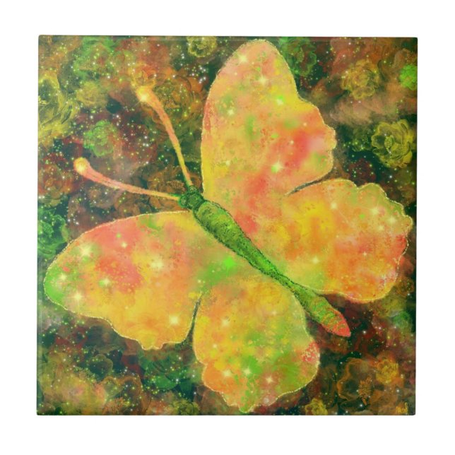 Butterfy and Flowers Ceramic Tile - Watercolor Ar (Front)