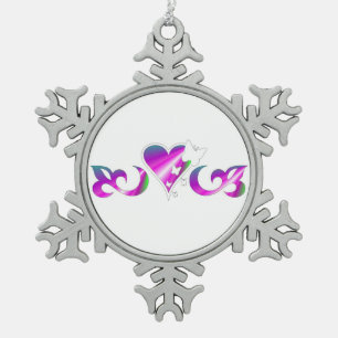 Butterfy Lily and Heart Snowflake Pewter Christmas Ornament