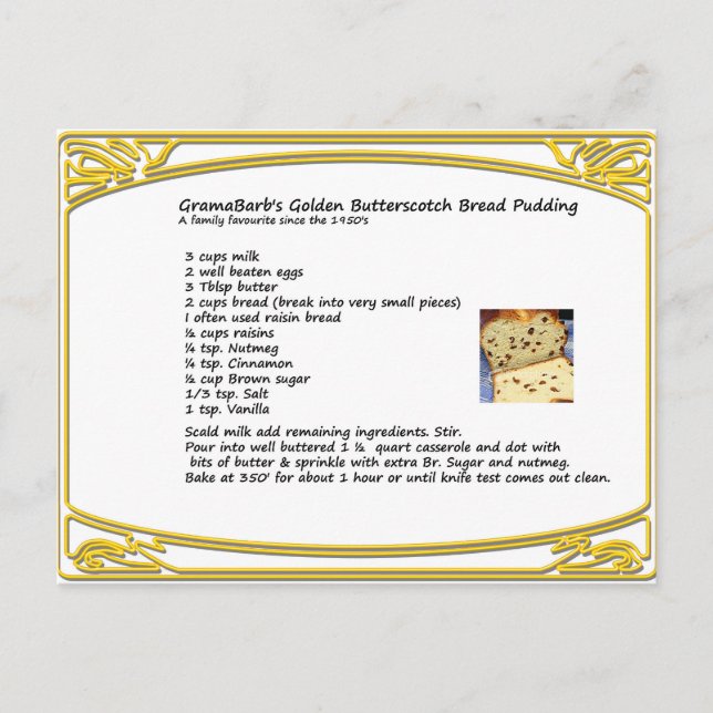 Butterscotch Bread Pudding Recipe Postcard (Front)